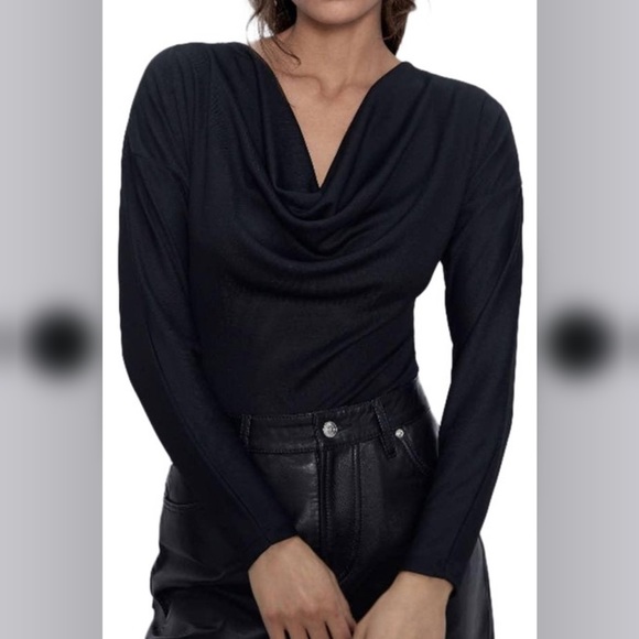 Zara Tops - Zara NWT Black Draped Bodysuit Cowl Neck Long Sleeve Small Blouse